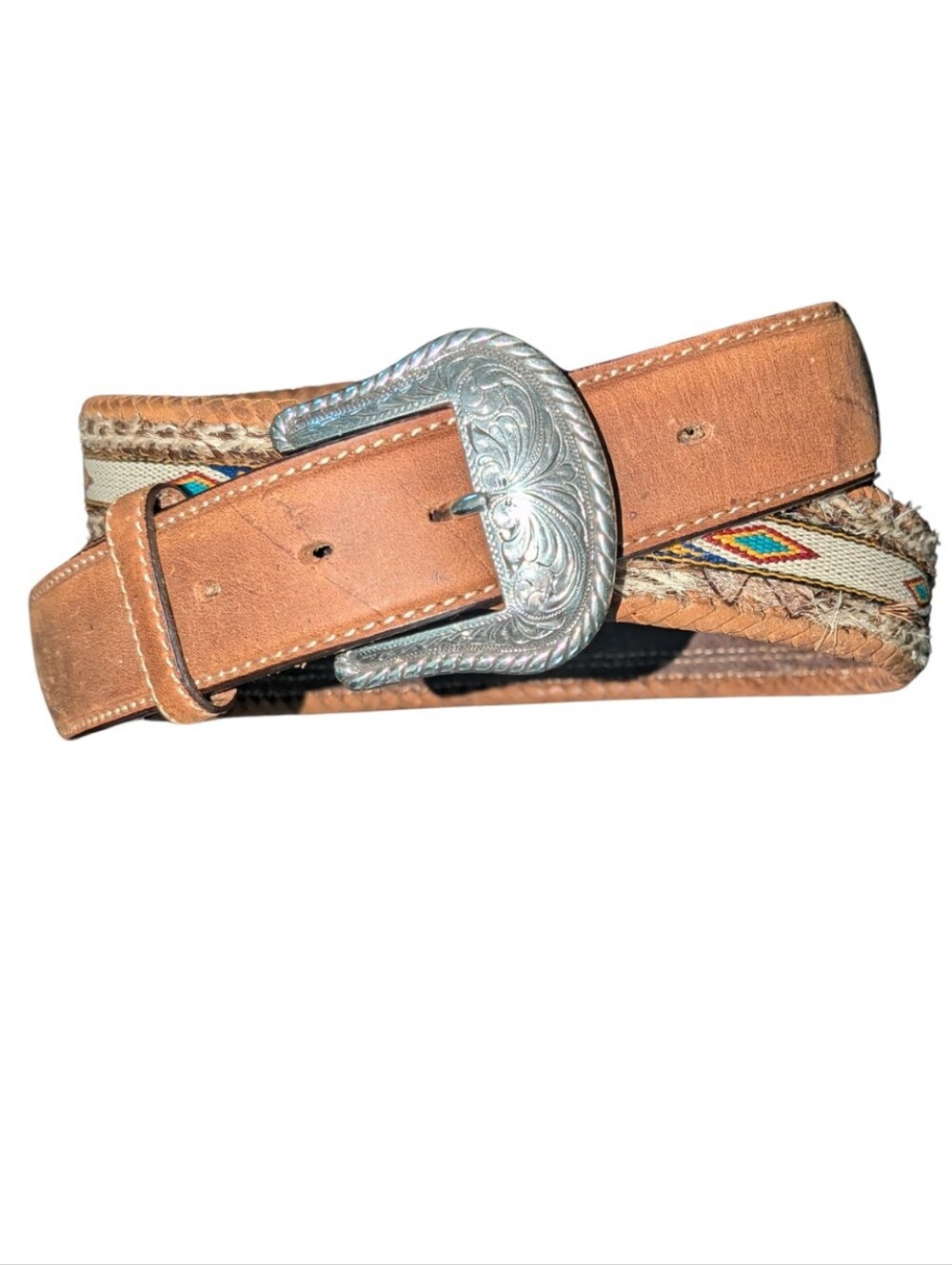 Tony Lama Vintage Southwestern Leather Belt Braided Horsehair Distressed Size 44